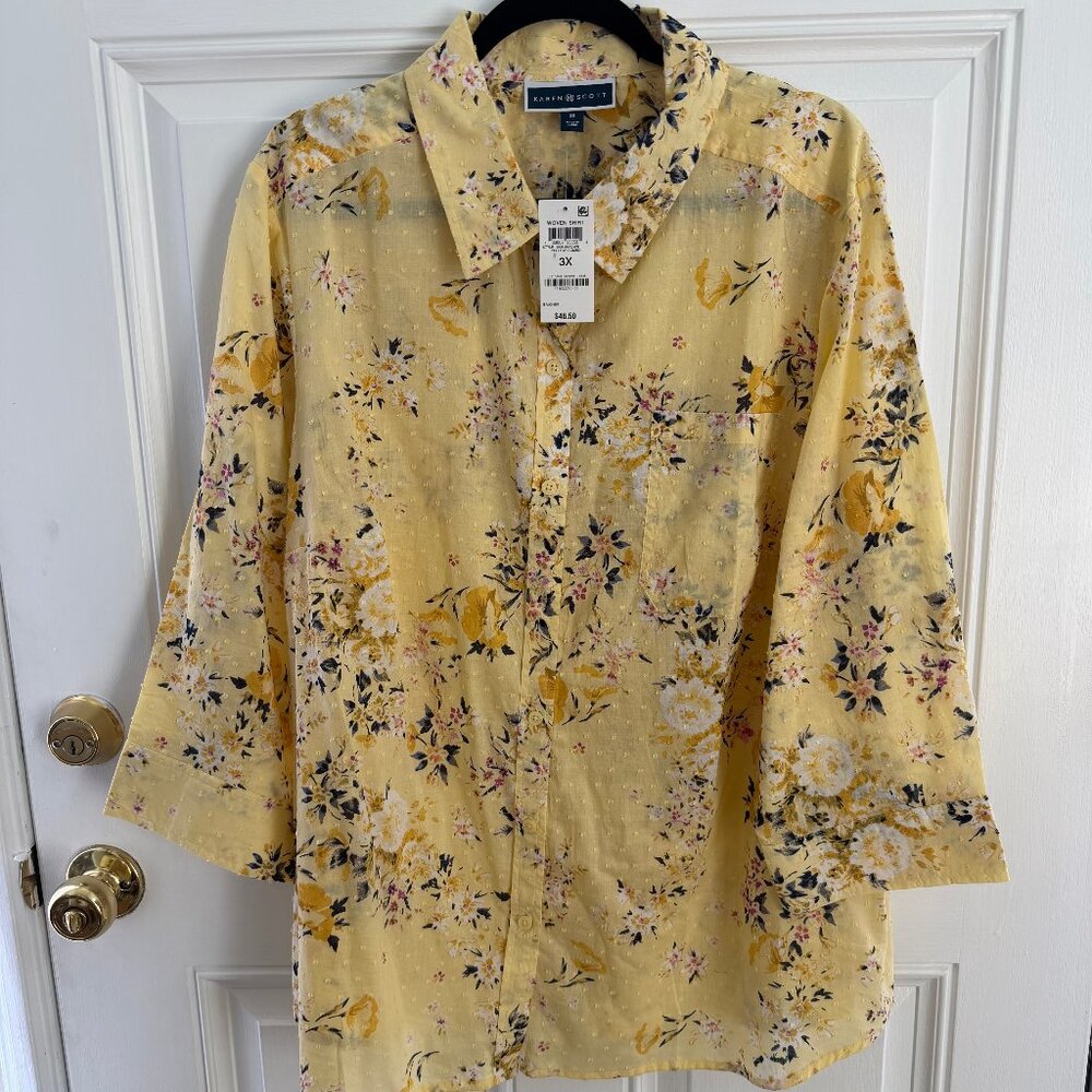 Karen Scott Yellow Dotted Swiss Woven Shirt 3X